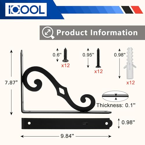 I COOL ICOOL 6 Pack 10 Inch Decorative Shelf Bracket, Heavy Duty DIY Wall Floating Shelf Brackets for Home Warehouse Garage Farm, L Shape Rustic Iron Shelf Supports with Screws - Image 2