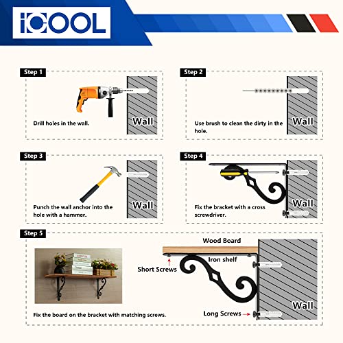 I COOL ICOOL 6 Pack 10 Inch Decorative Shelf Bracket, Heavy Duty DIY Wall Floating Shelf Brackets for Home Warehouse Garage Farm, L Shape Rustic Iron Shelf Supports with Screws - Image 5
