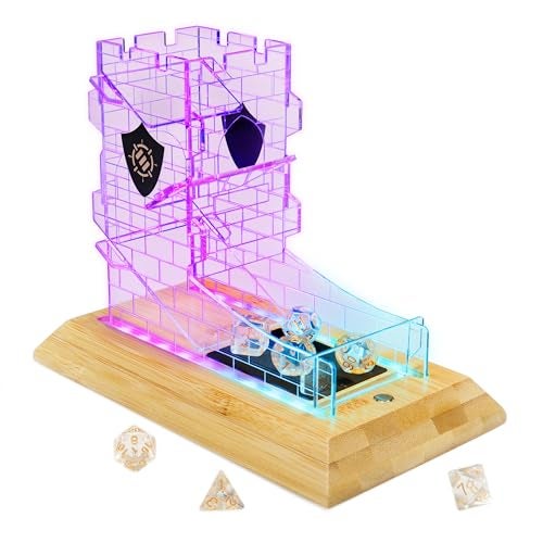ENHANCE Tabletop LED Dice Tower with 7pc Dice Set for RPG Games Clear Gaming Set LED Lit Rolling Tray with Bamboo Base and Castle Tower Design Roll Up to 14 at Once Great for Game Night - Image 1