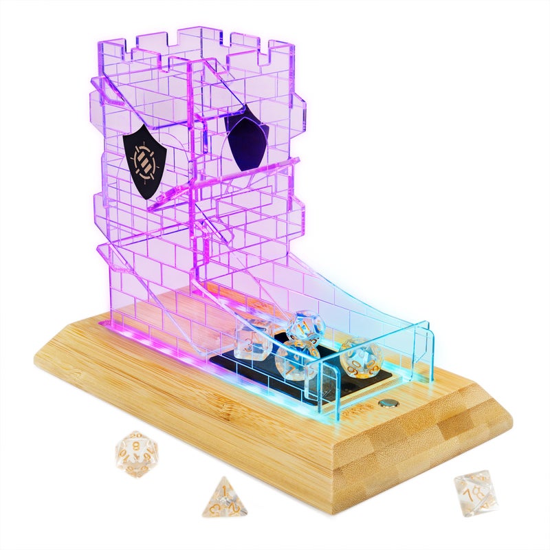 ENHANCE Tabletop LED Dice Tower with 7pc Dice Set for RPG Games Clear Gaming Set LED Lit Rolling Tray with Bamboo Base and Castle Tower Design Roll Up to 14 at Once Great for Game Night - Image 3