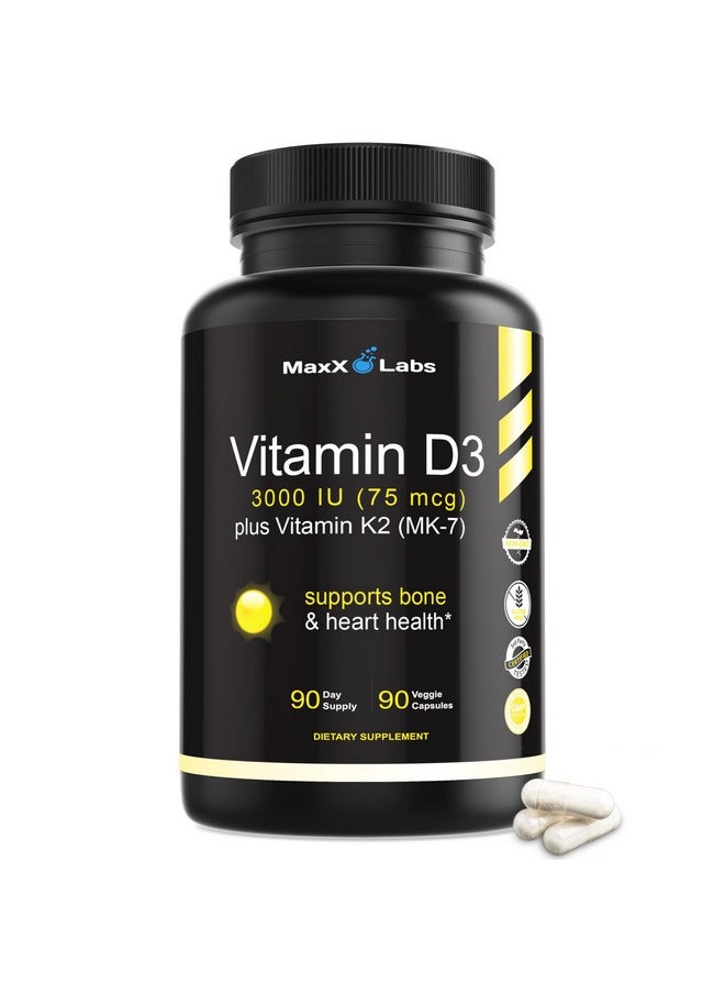 MaxX Labs Vitamin D3 K2 3000 IU - with Vitamin K as MK-7 from Natto - High Potency Vitamin D Supplement Support Healthy Bones, Teeth, Heart & Immune Function - Vitamin D3 K2 Supplement Gluten-Free - 90 Capsules  - Image 1