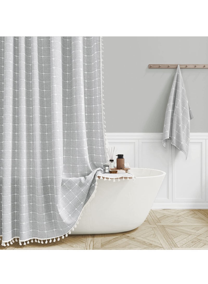 Boho Farmhouse Shower Curtain Set, 72x72 Gray, Linen Rustic Heavy Duty Fabric with Tassel, Water Repellent, Bohemian Vintage Country Design - Image 1