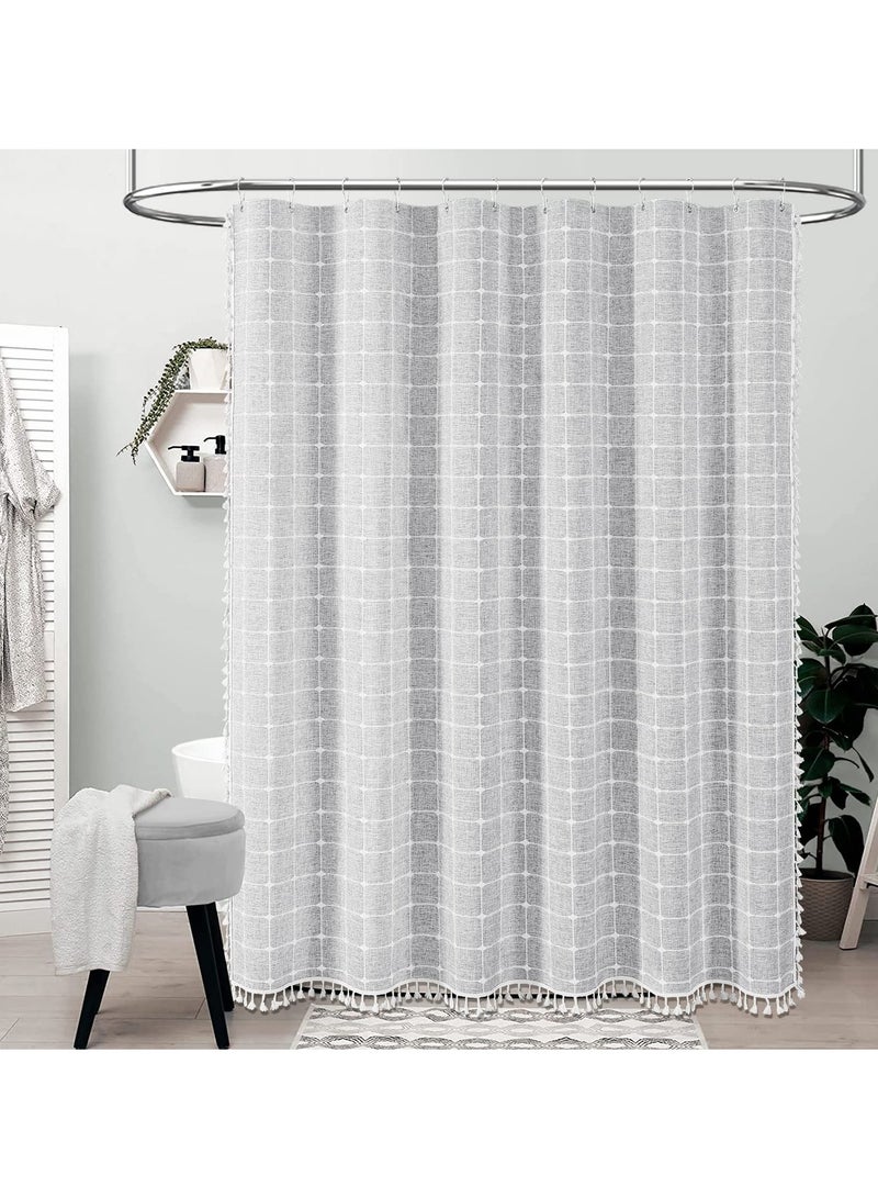Boho Farmhouse Shower Curtain Set, 72x72 Gray, Linen Rustic Heavy Duty Fabric with Tassel, Water Repellent, Bohemian Vintage Country Design - Image 2