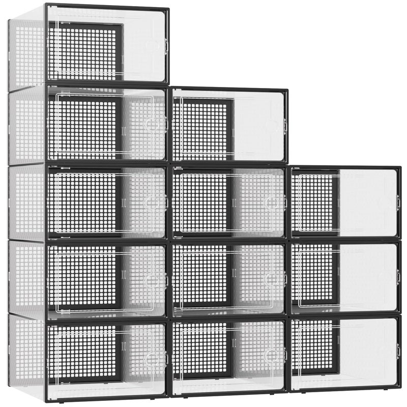 Kuject XXX-Large Shoe Storage Boxes Organizers Clear Plastic Stackable 12 Pack, Shoe Rack & Holder Substitute, Sneaker Containers, Toy Storage Organizer Bins for,Closet, Under Bed, Black(No Fold Line) - Image 1