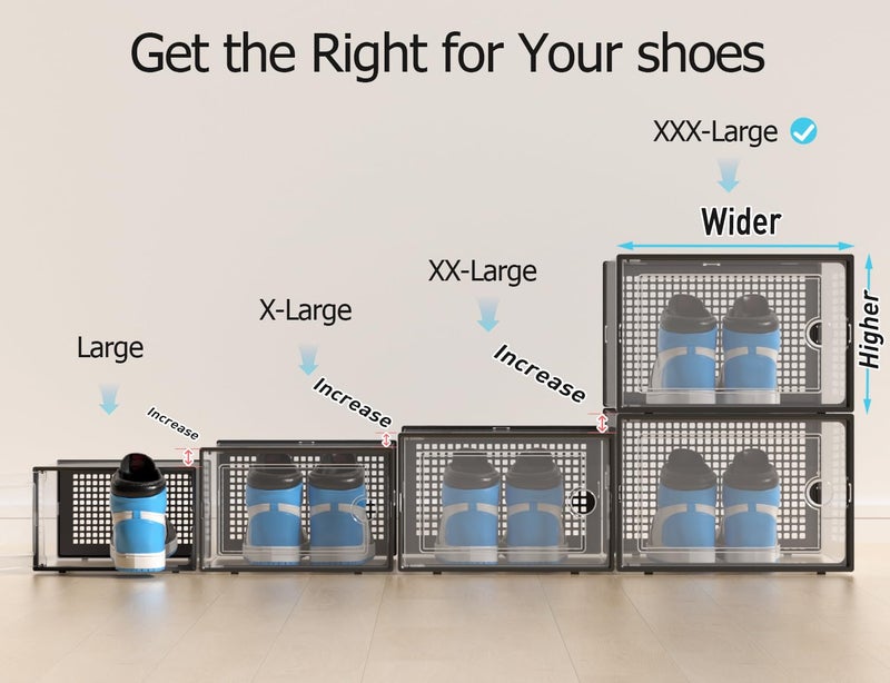 Kuject XXX-Large Shoe Storage Boxes Organizers Clear Plastic Stackable 12 Pack, Shoe Rack & Holder Substitute, Sneaker Containers, Toy Storage Organizer Bins for,Closet, Under Bed, Black(No Fold Line) - Image 3