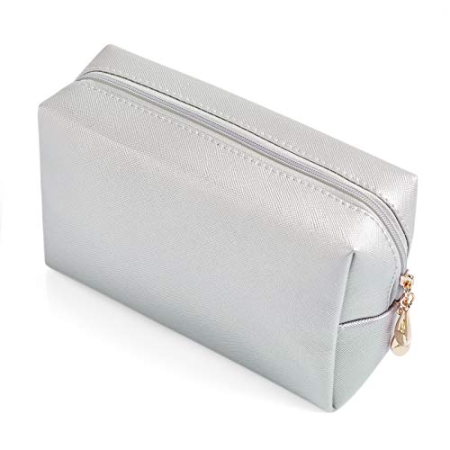 Sohynca PU Leather Cosmetic Bag for Women Minimalism Makeup Bag for Daily Use Portable Storage Purse Small Neat Cosmetic Pouch Water-resistant Toiletry Bag for Travel (Silver) - Image 1