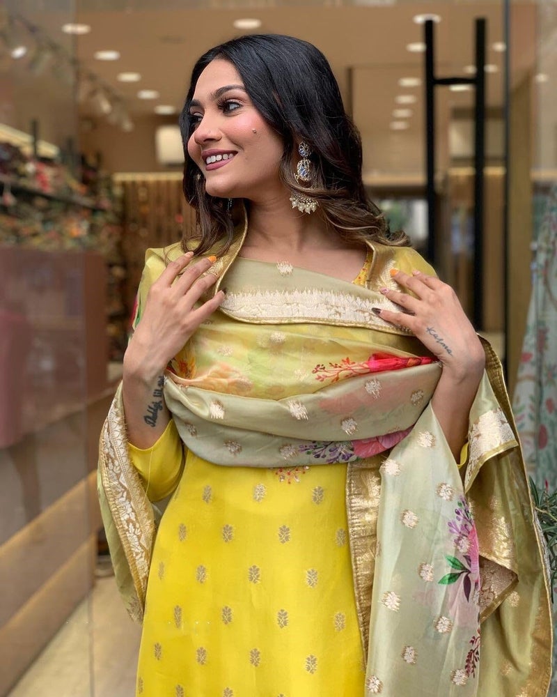Shiv Textiles Women's Viscose Rayon Embroidered Kurta Pant Dupatta Set(JDA-KRITIKA-Yellow-XXL) - Image 3