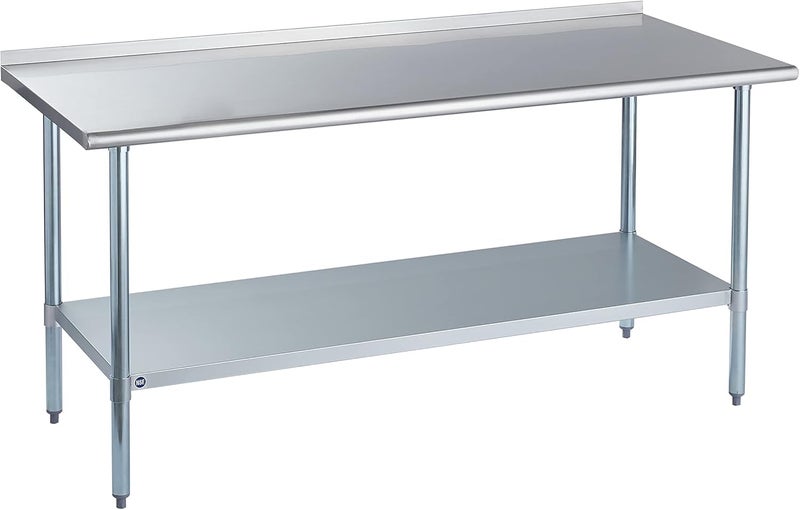 ROCKPOINT Stainless Steel Table for Prep  Work with Backsplash 30x72 Inches NSF Metal Commercial Kitchen Heavy Duty Table with Adjustable Under Shelf and Table Foot for Restaurant Home and Hotel