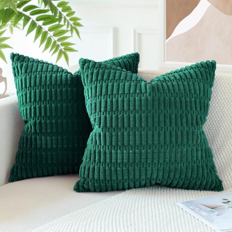 JOTOM Set of 2 Corduroy Soft Striped Cushion Covers 45x45 cm Decorative Throw Pillow Covers Square Cushion Case Home Boho Decor Pillow Cases for Couch Sofa Bedroom 18x18 Inch (Green) - Image 3