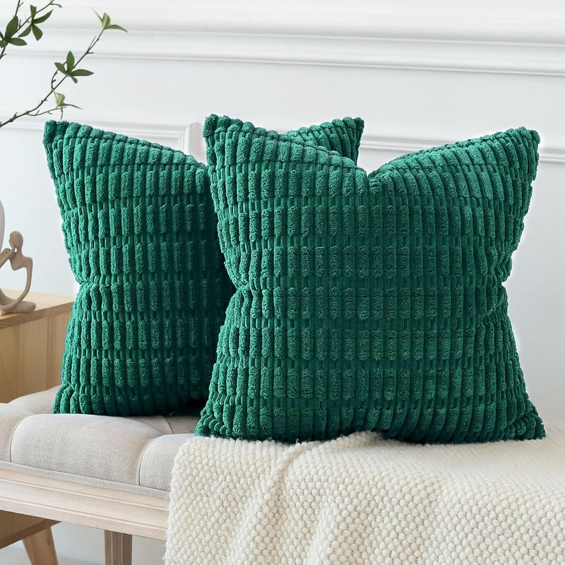 JOTOM Set of 2 Corduroy Soft Striped Cushion Covers 45x45 cm Decorative Throw Pillow Covers Square Cushion Case Home Boho Decor Pillow Cases for Couch Sofa Bedroom 18x18 Inch (Green) - Image 4