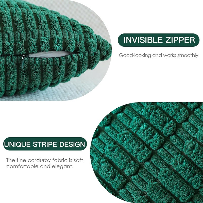 JOTOM Set of 2 Corduroy Soft Striped Cushion Covers 45x45 cm Decorative Throw Pillow Covers Square Cushion Case Home Boho Decor Pillow Cases for Couch Sofa Bedroom 18x18 Inch (Green) - Image 2