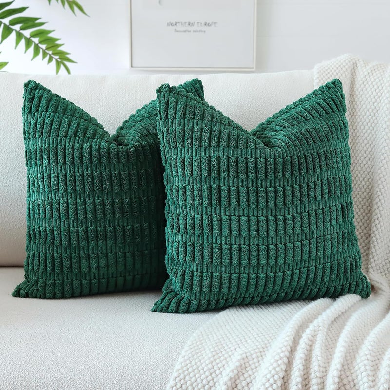 JOTOM Set of 2 Corduroy Soft Striped Cushion Covers 45x45 cm Decorative Throw Pillow Covers Square Cushion Case Home Boho Decor Pillow Cases for Couch Sofa Bedroom 18x18 Inch (Green) - Image 1