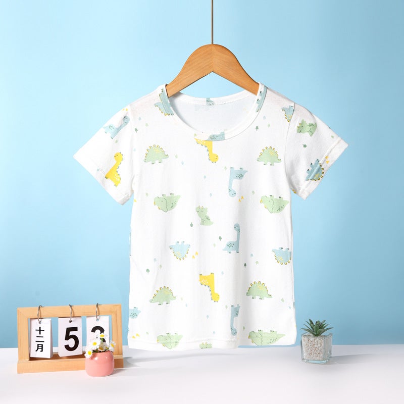 Summer Children'S Short-Sleeved T-Shirt Bamboo Cotton Cotton Half-Sleeved Girls' T-Shirt Boys Short-Sleeved Children'S Clothing Base Top Home Clothes - Image 1