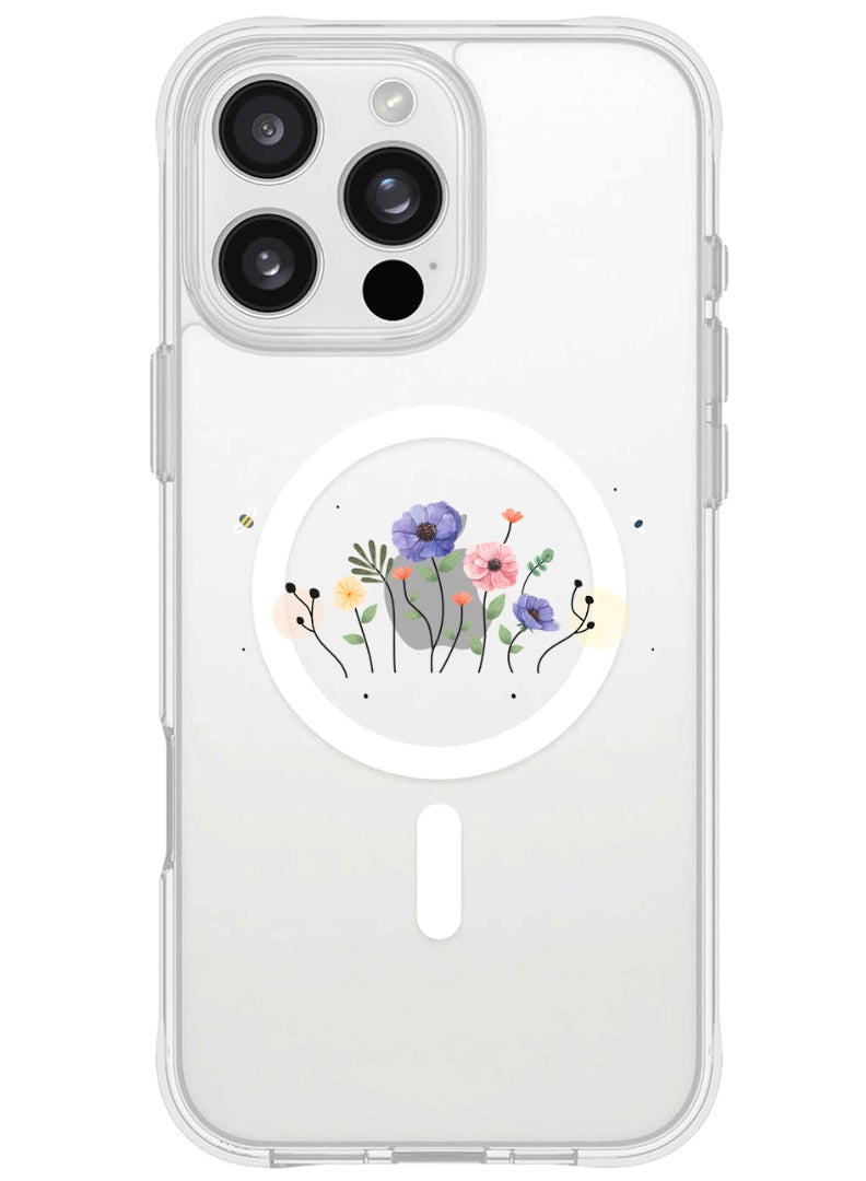 Theodor iPhone 16 Pro Max Magsafe Magnetic Case for iPhone Compatible with Wireless Charging, Shockproof Phone Bumper Cover - Flower and bees - Image 1