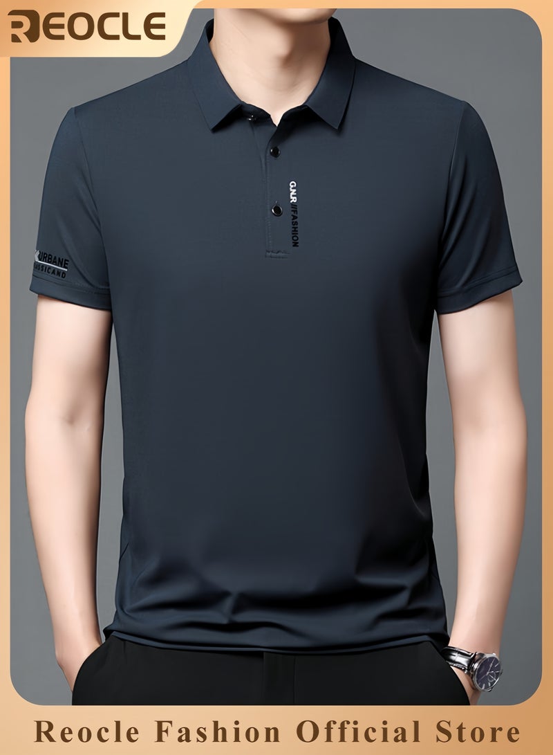 REOCLE Men's Polo Shirt Thin Breathable Short Sleeve Tops Turn-Down Collar Solid Regular Work Business Polo Shirt - Image 1