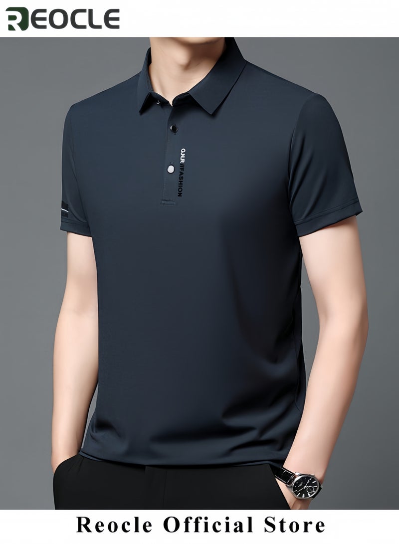 REOCLE Men's Polo Shirt Thin Breathable Short Sleeve Tops Turn-Down Collar Solid Regular Work Business Polo Shirt - Image 2