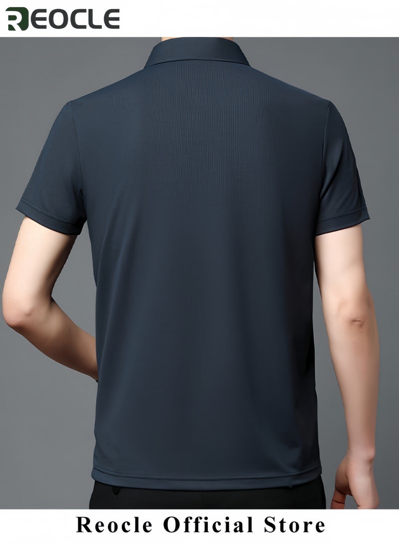 REOCLE Men's Polo Shirt Thin Breathable Short Sleeve Tops Turn-Down Collar Solid Regular Work Business Polo Shirt - Image 3