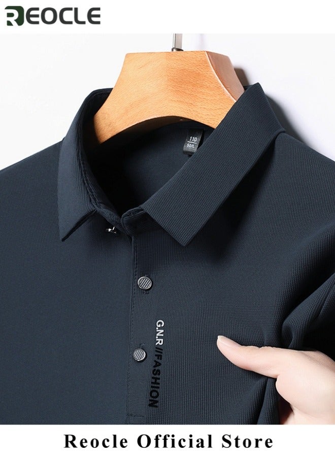 REOCLE Men's Polo Shirt Thin Breathable Short Sleeve Tops Turn-Down Collar Solid Regular Work Business Polo Shirt - Image 4