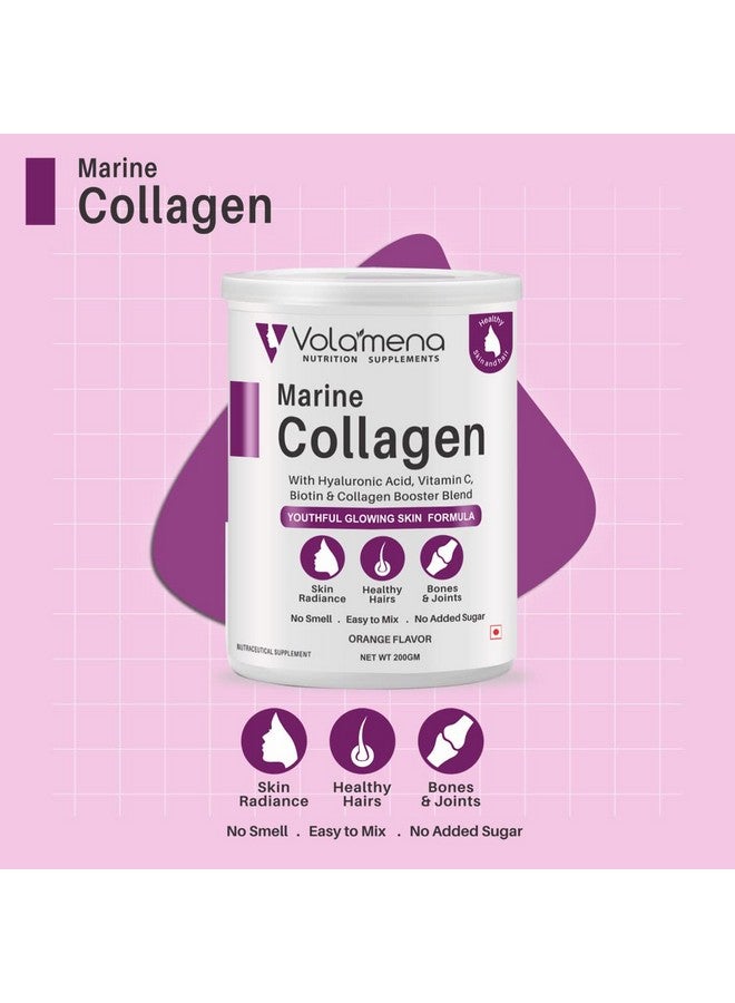 VOLAMENA WITH DEVICE Volamena Nutrition Marine Biotin Collagen Powder For Youthful Glowing & Healthy Skin, Hair, Nails, Jionts And Bones, Orange Flavor, 200 Gms - Image 3