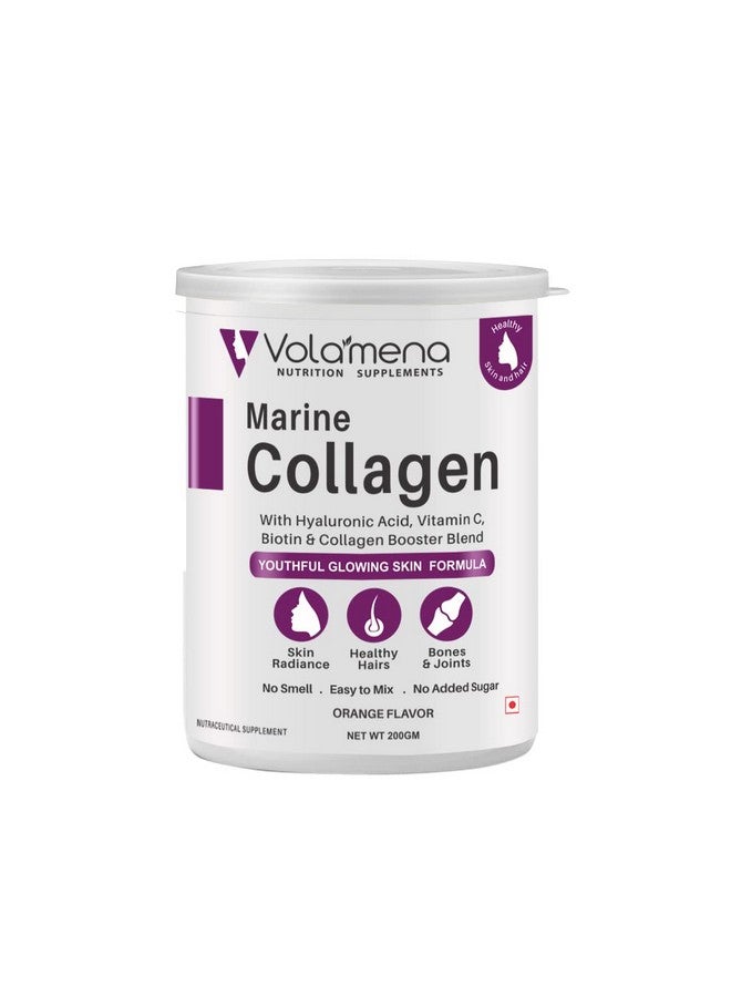 VOLAMENA WITH DEVICE Volamena Nutrition Marine Biotin Collagen Powder For Youthful Glowing & Healthy Skin, Hair, Nails, Jionts And Bones, Orange Flavor, 200 Gms - Image 1