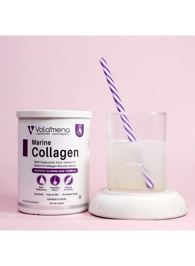 VOLAMENA WITH DEVICE Volamena Nutrition Marine Biotin Collagen Powder For Youthful Glowing & Healthy Skin, Hair, Nails, Jionts And Bones, Orange Flavor, 200 Gms - Image 4