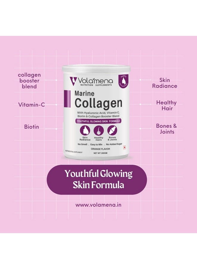 VOLAMENA WITH DEVICE Volamena Nutrition Marine Biotin Collagen Powder For Youthful Glowing & Healthy Skin, Hair, Nails, Jionts And Bones, Orange Flavor, 200 Gms - Image 2