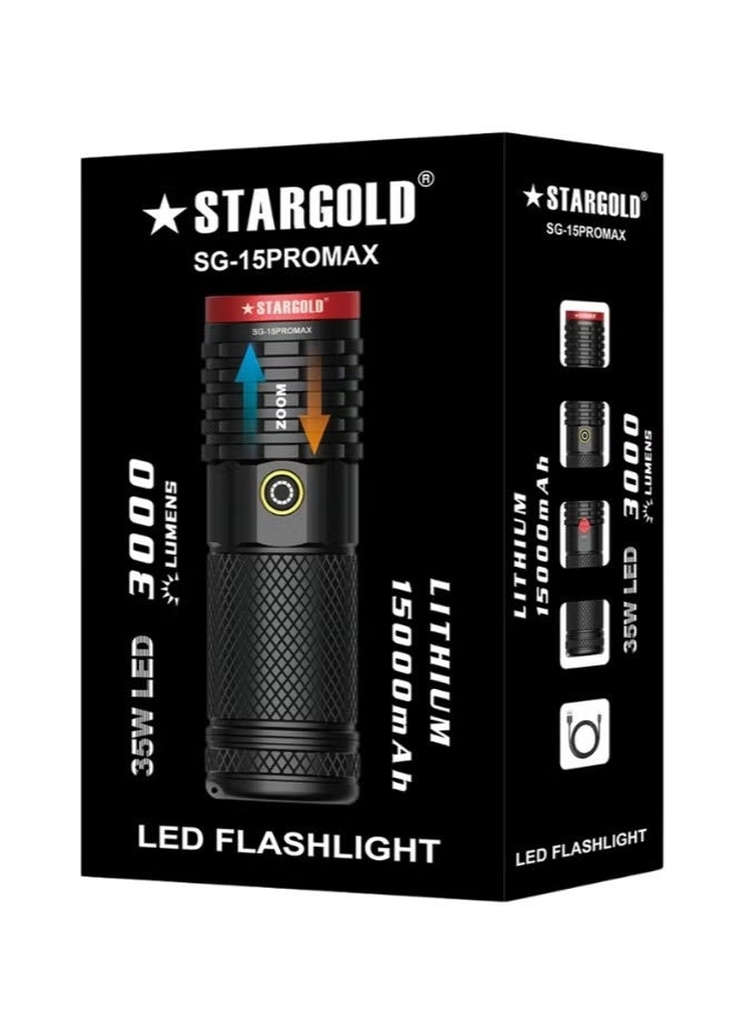 Stargold SG-15PRO LED Flashlight – Compact Design, Rechargeable Lithium Battery - Image 4