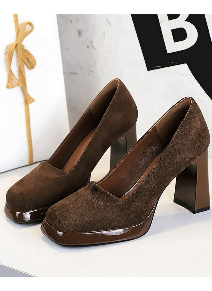 BIGTREE Womens Suede Platform Chunky High Heel Square Closed Toe Pumps Dark Brown 9CM  - Image 1