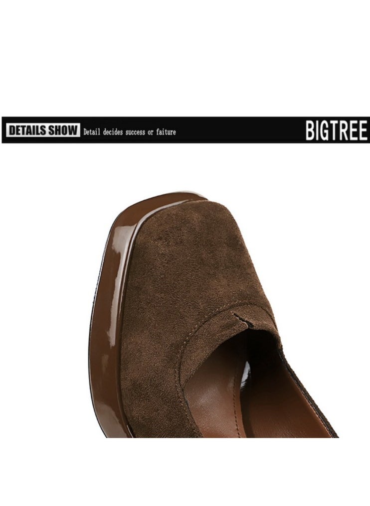 BIGTREE Womens Suede Platform Chunky High Heel Square Closed Toe Pumps Dark Brown 9CM  - Image 5
