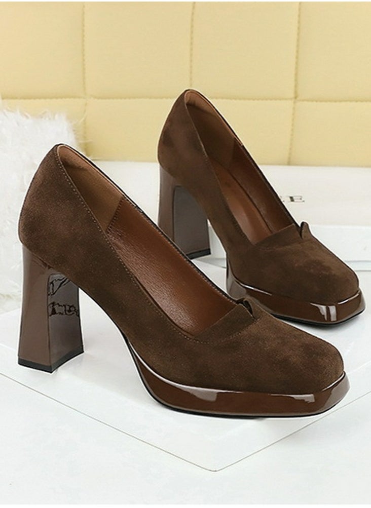 BIGTREE Womens Suede Platform Chunky High Heel Square Closed Toe Pumps Dark Brown 9CM  - Image 2