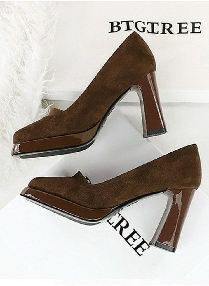 BIGTREE Womens Suede Platform Chunky High Heel Square Closed Toe Pumps Dark Brown 9CM  - Image 3