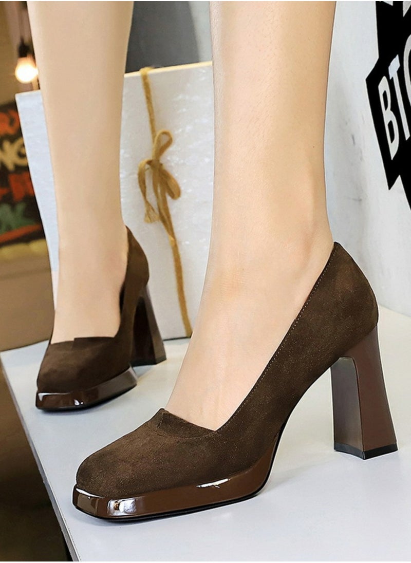 BIGTREE Womens Suede Platform Chunky High Heel Square Closed Toe Pumps Dark Brown 9CM  - Image 4