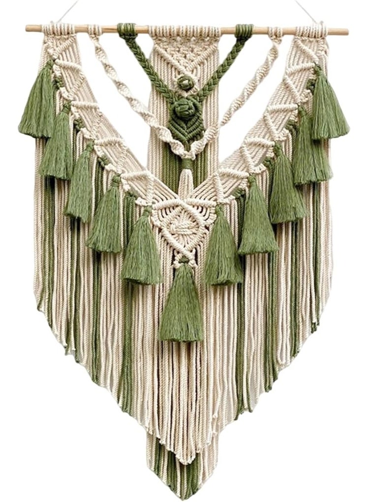 انتيكيانو تعليقة حائط مكرمية منسوجة، نسيج جداري بوهيمي، فن جداري مكرمي منسوج لتزيين غرف النوم والمعيشة وغرف الأطفال (اللون الأخضر العسكري). - Image 1