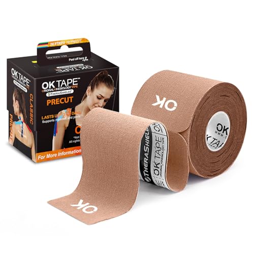 OK TAPE Kinesiology Tape 10 inches Precut, 20 Strips, Cotton Elastic Athletic Tape Latex Free, 2in x 16ft, Beige - Image 1