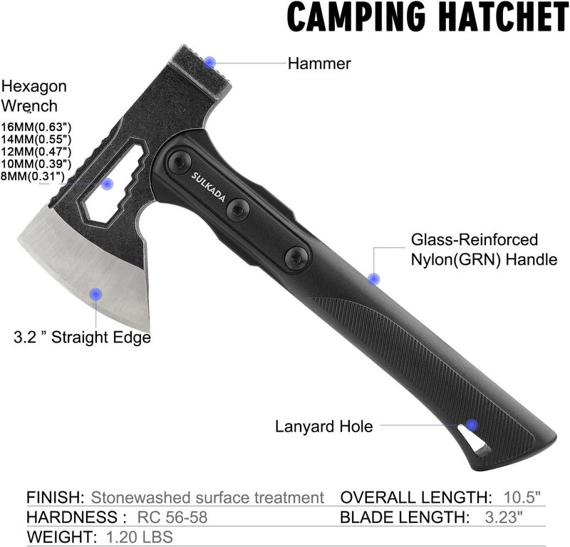 SULKADA Camping Hatchet, 10.5 Inch Survival Axe,Stainless-Steel Blade,Fiberglass Shock Reduction Handle with Anti-Slip Grip, for Chopping Wood,Gardening and Outdoor Survival,Gift for Dad Men - Image 3