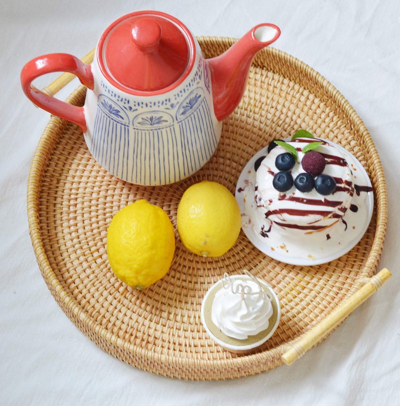 DOKOT Round Rattan Serving Tray with Handles Woven Bread Basket for Home and Kitchen Table 32cm
