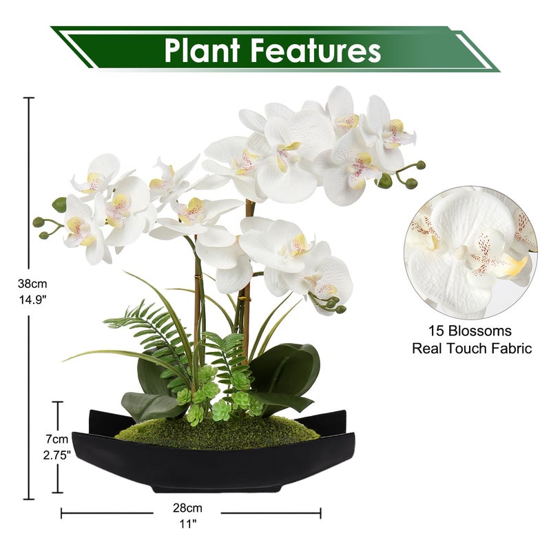 Briful Orchid Artificial Flowers 15in White Fake Orchid Silk Flowers with Black Pot Faux Phalaenopsis Arrangement for Home Office Room Table Centerpiece Modern Decor - Image 2