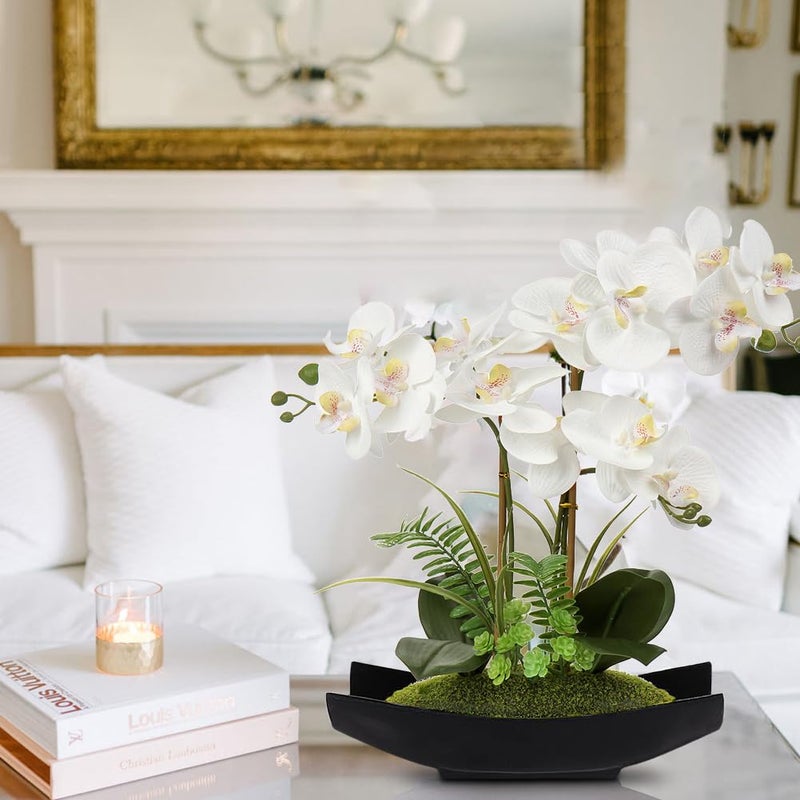 Briful Orchid Artificial Flowers 15in White Fake Orchid Silk Flowers with Black Pot Faux Phalaenopsis Arrangement for Home Office Room Table Centerpiece Modern Decor - Image 4