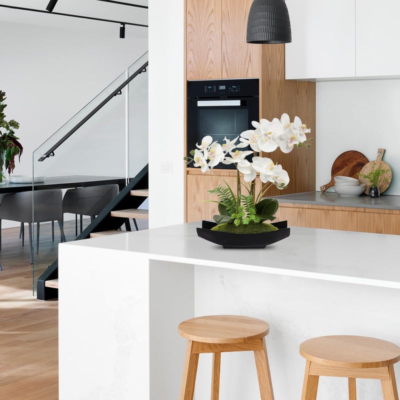 Briful Orchid Artificial Flowers 15in White Fake Orchid Silk Flowers with Black Pot Faux Phalaenopsis Arrangement for Home Office Room Table Centerpiece Modern Decor - Image 3