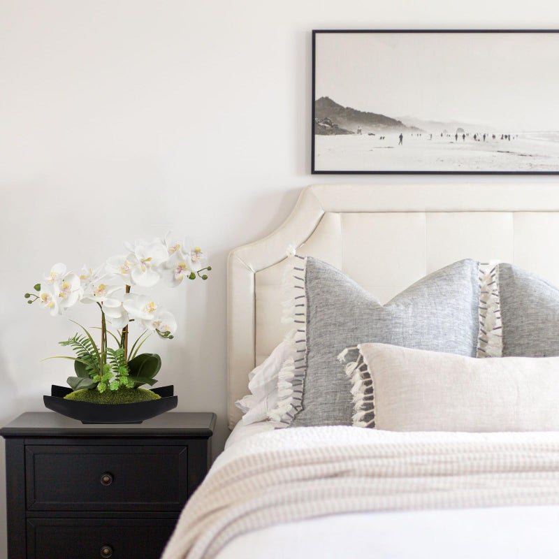 Briful Orchid Artificial Flowers 15in White Fake Orchid Silk Flowers with Black Pot Faux Phalaenopsis Arrangement for Home Office Room Table Centerpiece Modern Decor - Image 5