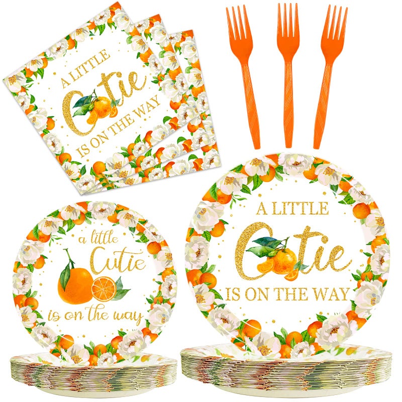 Kepeel 96 Pcs Little Cutie Baby Shower Party Plates and Napkins Set A Little Cutie is on The Way Party Supplies Decorations Orange Citrus Tangerine Fruit Birthday Party Tableware Kit Serves 24