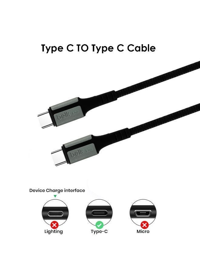 Belk  BL-S13 60W USB Type C to Type C Fast Charging Cable 3 Meter PD Charging Cord, High Speed Data Sync USB C Cable, Braided Nylon Cable for Smartphones, Tablets, Laptops, Power Banks, USB C Devices, Durable Long Charging Cable Black - Image 4