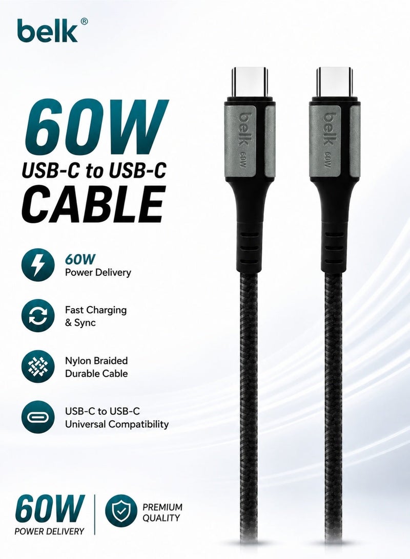 Belk  BL-S13 60W USB Type C to Type C Fast Charging Cable 3 Meter PD Charging Cord, High Speed Data Sync USB C Cable, Braided Nylon Cable for Smartphones, Tablets, Laptops, Power Banks, USB C Devices, Durable Long Charging Cable Black - Image 2