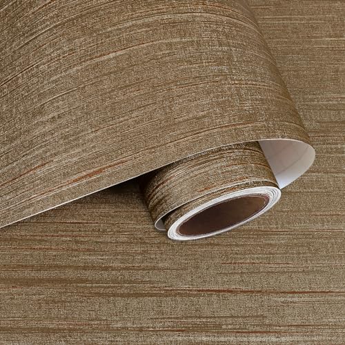 VaryPaper Bronze Brown Grasscloth Peel and Stick Wallpaper Textured Contact Paper for Cabinets Waterproof Grass Cloth Linen Wallpaper Self Adhesive Vinyl Paper for Bedroom Accent Walls 157x787 - Image 1