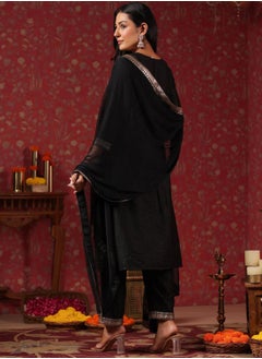 ISHIN Regular Fit Embellished Pattern Round Neck Neck Three-Quarter Sleeve Black Colour Knitted Silk Kurta Set for Women with Mid-Rise Closure - Elevate Your Fashion Game  - Image 5