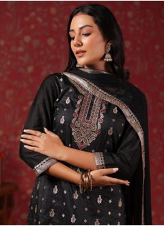 ISHIN Regular Fit Embellished Pattern Round Neck Neck Three-Quarter Sleeve Black Colour Knitted Silk Kurta Set for Women with Mid-Rise Closure - Elevate Your Fashion Game  - Image 2