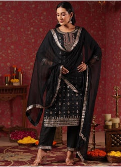 ISHIN Regular Fit Embellished Pattern Round Neck Neck Three-Quarter Sleeve Black Colour Knitted Silk Kurta Set for Women with Mid-Rise Closure - Elevate Your Fashion Game  - Image 1