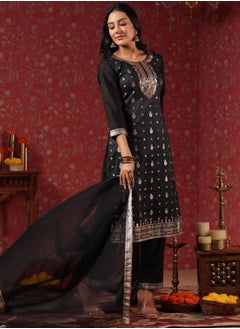 ISHIN Regular Fit Embellished Pattern Round Neck Neck Three-Quarter Sleeve Black Colour Knitted Silk Kurta Set for Women with Mid-Rise Closure - Elevate Your Fashion Game  - Image 3