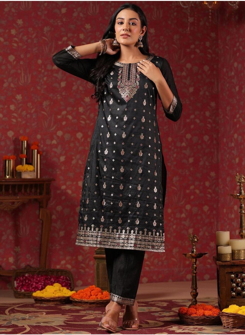 ISHIN - Regular Fit Embellished Pattern Round Neck Neck Three-Quarter Sleeve Black Colour Knitted Silk Kurta Set for Women with Mid-Rise Closure - Elevate Your Fashion Game - Image 1