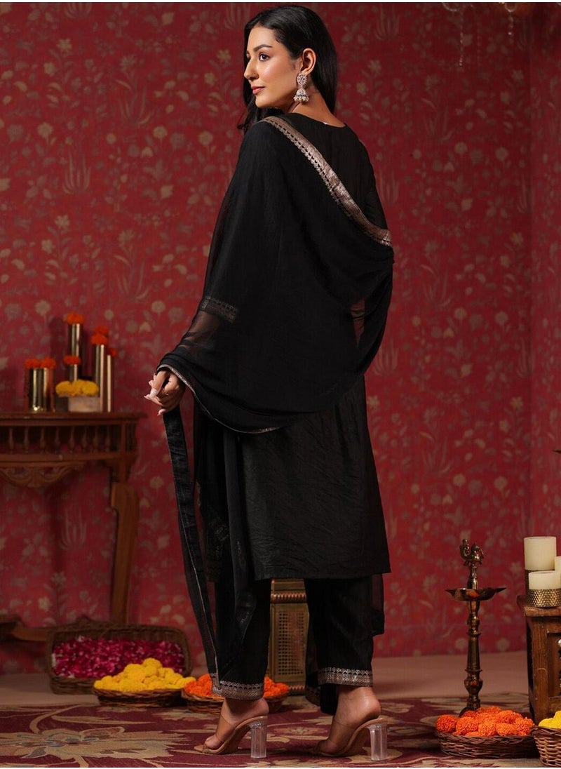ISHIN - Regular Fit Embellished Pattern Round Neck Neck Three-Quarter Sleeve Black Colour Knitted Silk Kurta Set for Women with Mid-Rise Closure - Elevate Your Fashion Game - Image 1